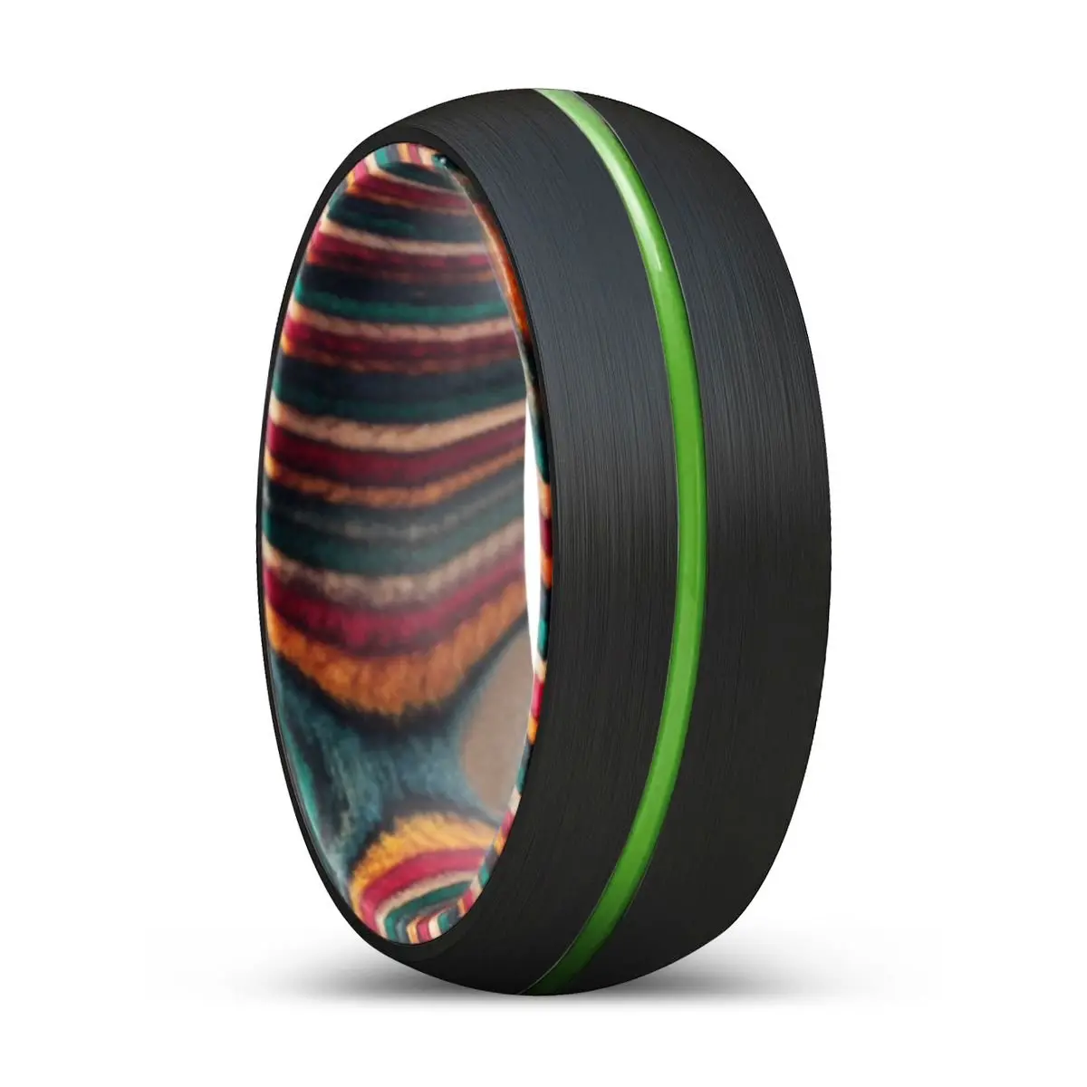 Komodo | Multi Color Wood, Black Tungsten Ring, Green Groove, Domed 1