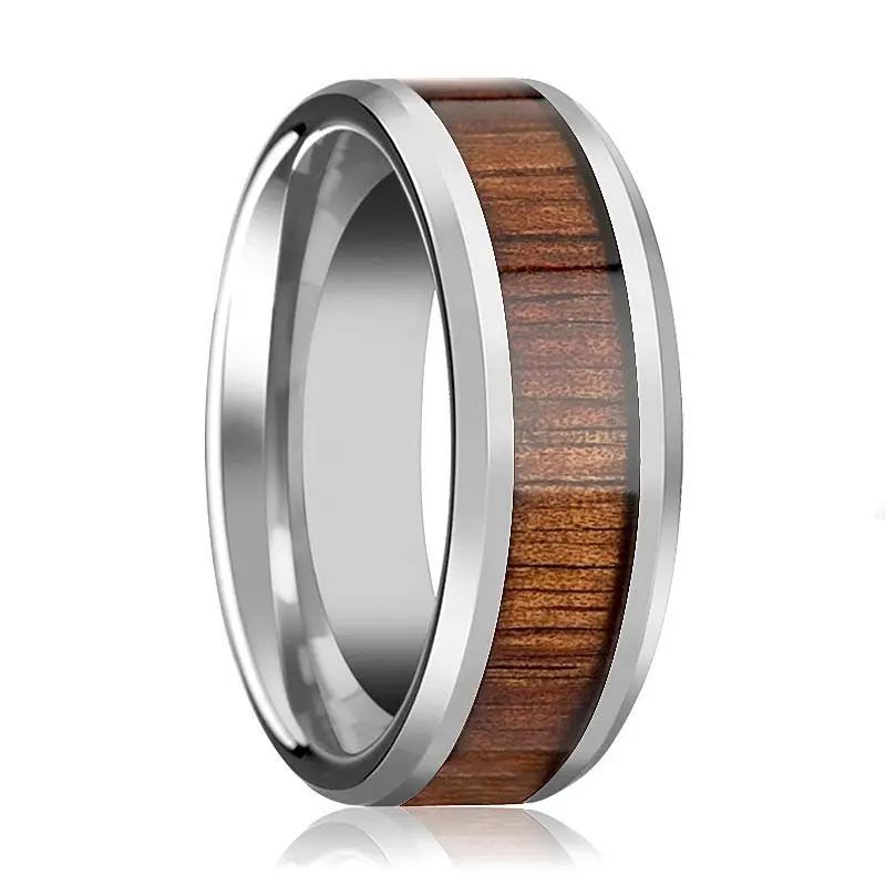 Kona | Silver Tungsten Ring, Koa Wood Inlay, Beveled 1