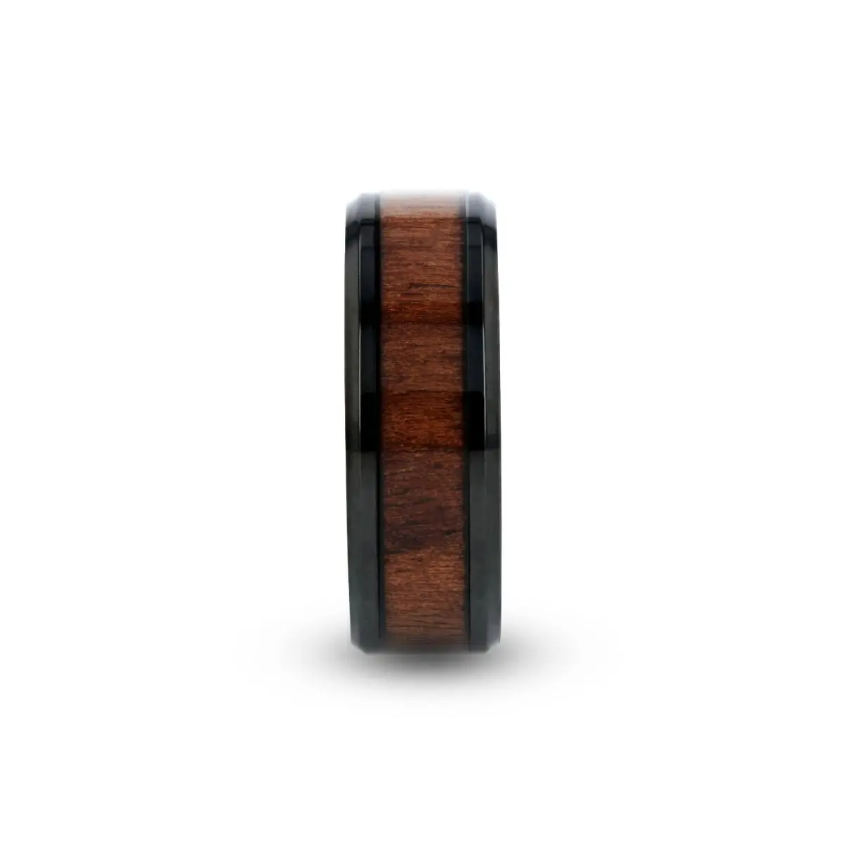 Kony | Black Titanium Ring, Black Walnut Wood Inlay, Beveled 2