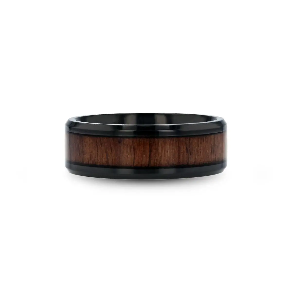 Kony | Black Titanium Ring, Black Walnut Wood Inlay, Beveled 3