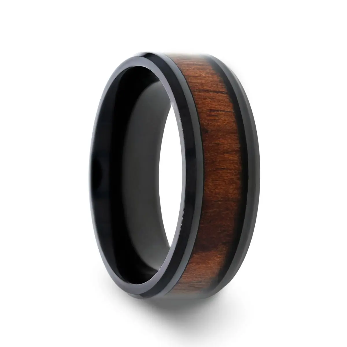 Kony | Black Titanium Ring, Black Walnut Wood Inlay, Beveled 1