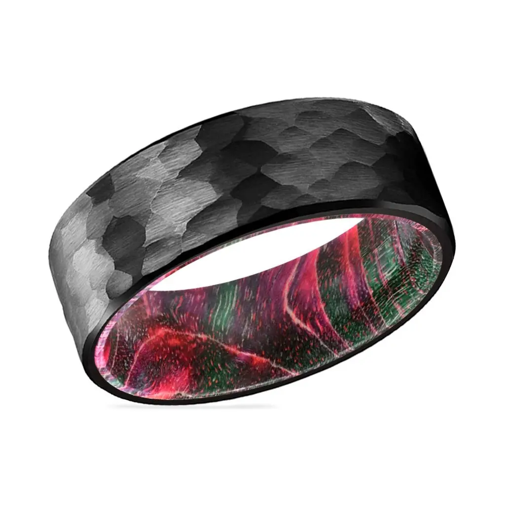 Kretz | Green And Red Wood, Black Tungsten Ring, Hammered, Flat 2