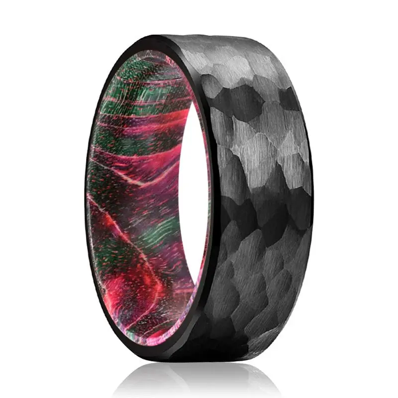 Kretz | Green And Red Wood, Black Tungsten Ring, Hammered, Flat 1