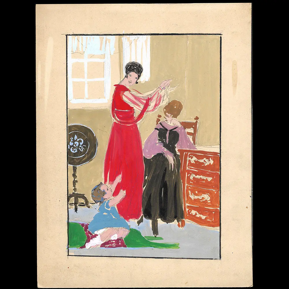 Les Elégantes Et L'enfant, Dessin De L'hom Pour Une Revue De Mode (1910S) 1