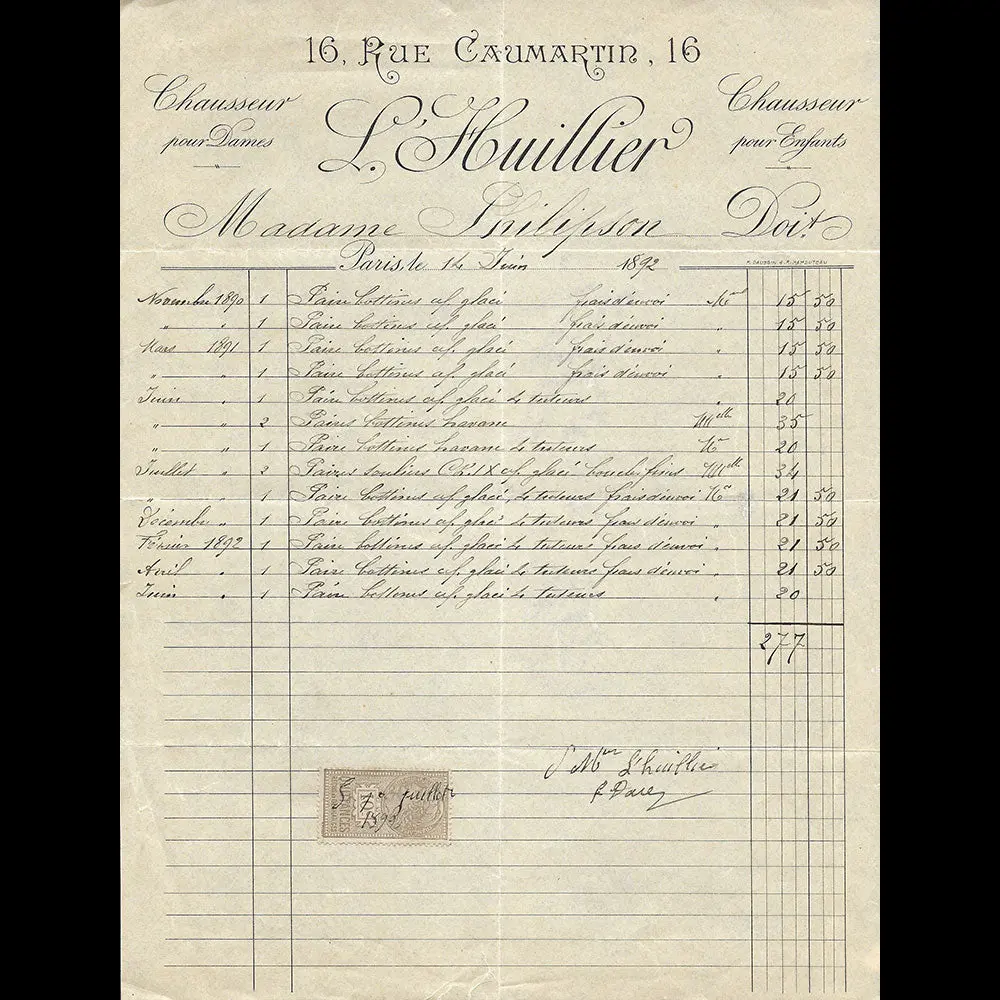 L'huillier - Facture Du Chausseur Pour Dames Et Enfants, 16 Rue Caumartin À Paris (1892) 1