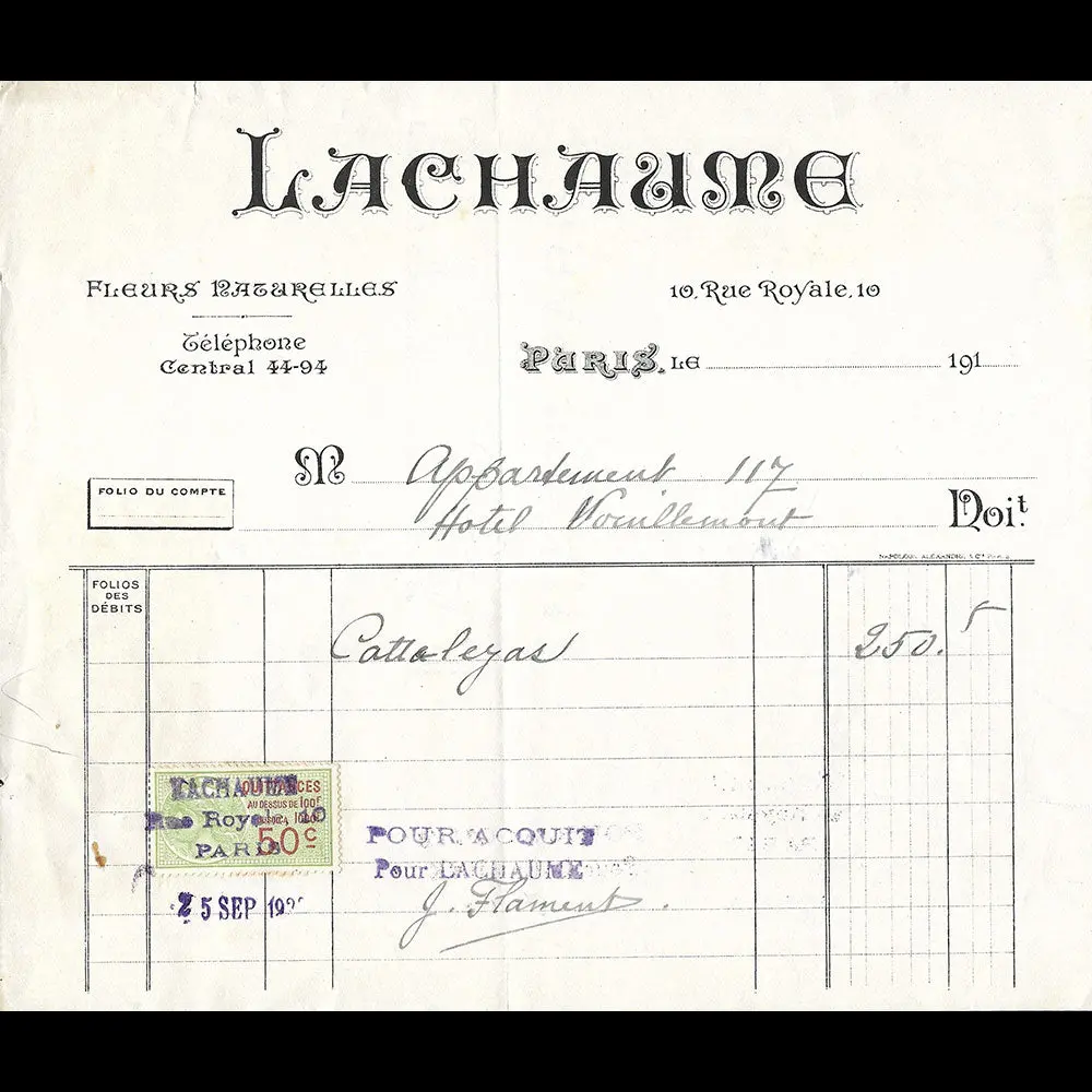 Lachaume - Factures Du Fleuriste, 10 Rue Royale À Paris (1923) 1