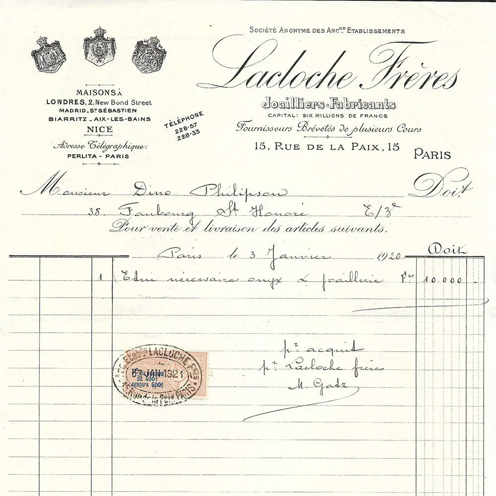 Lacloche Frères - Facture De La Maison De Joaillerie, 15 Rue De La Paix À Paris (1920) 2