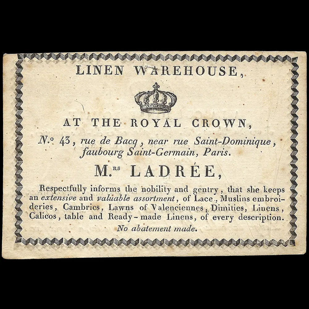 Ladrée - Carte De La Maison A La Couronne Royale, 43 Rue Du Bacq À Paris (Circa 1810-1820) 2