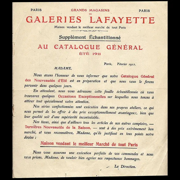 Galeries Lafayette - Supplément Échantillonné Au Catalogue Général (1911) 1