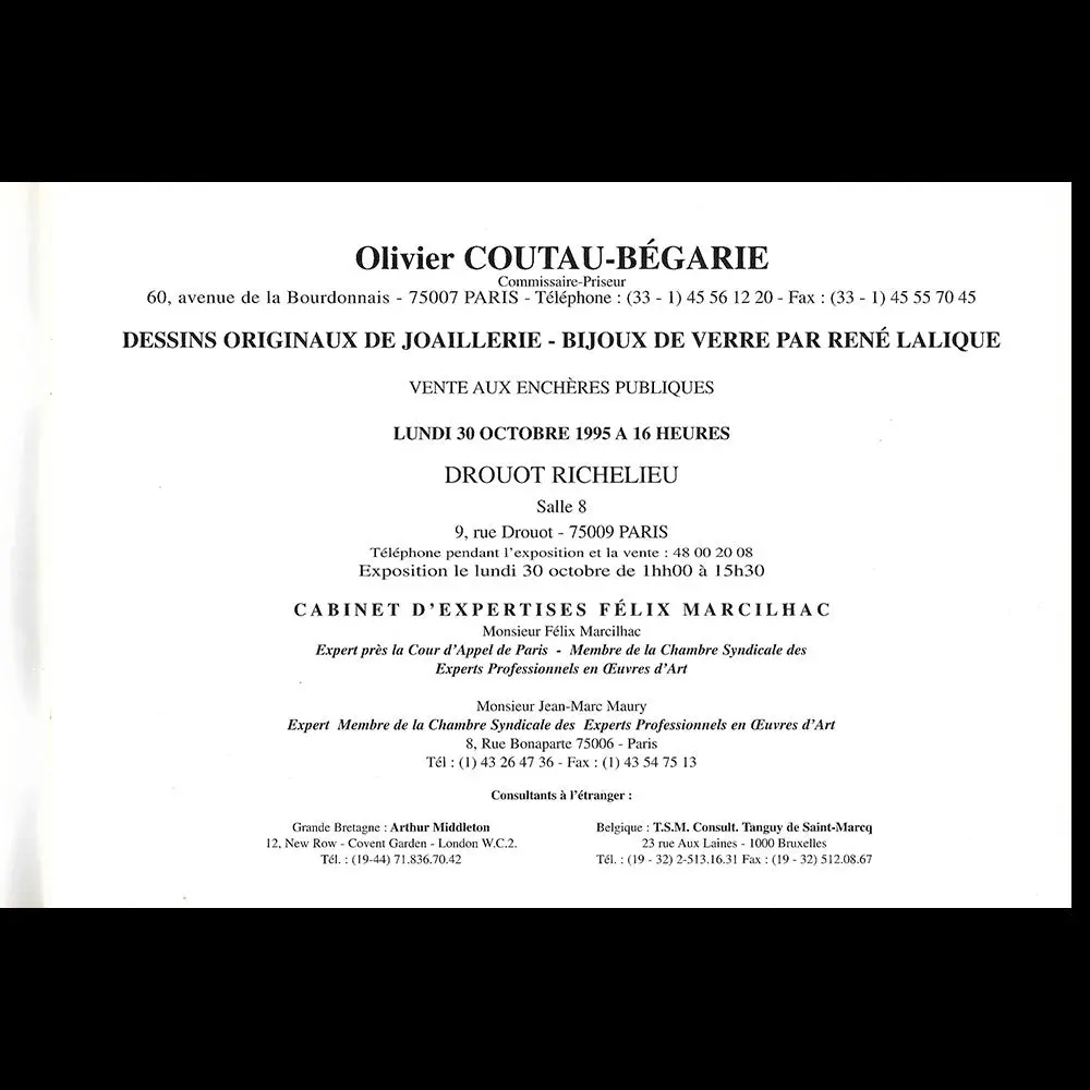 Lalique, Dessins Originaux De Joaillerie, Bijoux De Verre, Catalogue De Vente Du 30 Octobre 1995 2