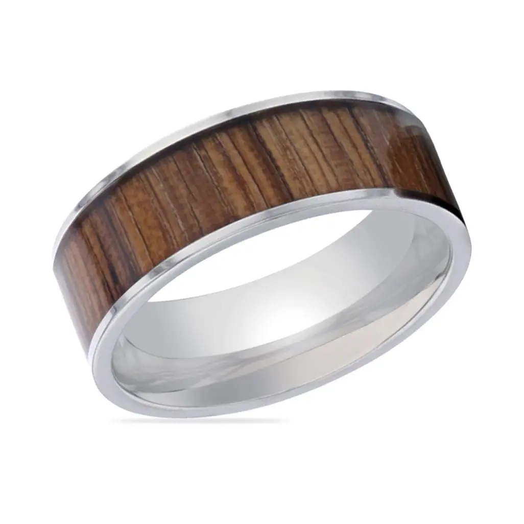 Lamar | Silver Titanium Ring, Zebra Wood Inlay, Flat 2