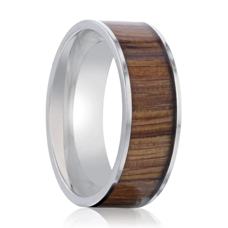Lamar | Silver Titanium Ring, Zebra Wood Inlay, Flat 1