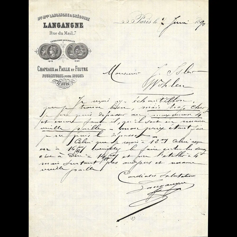 Langangne - Lettre De La Maison, 7 Rue Du Mail Paris (1890) 1