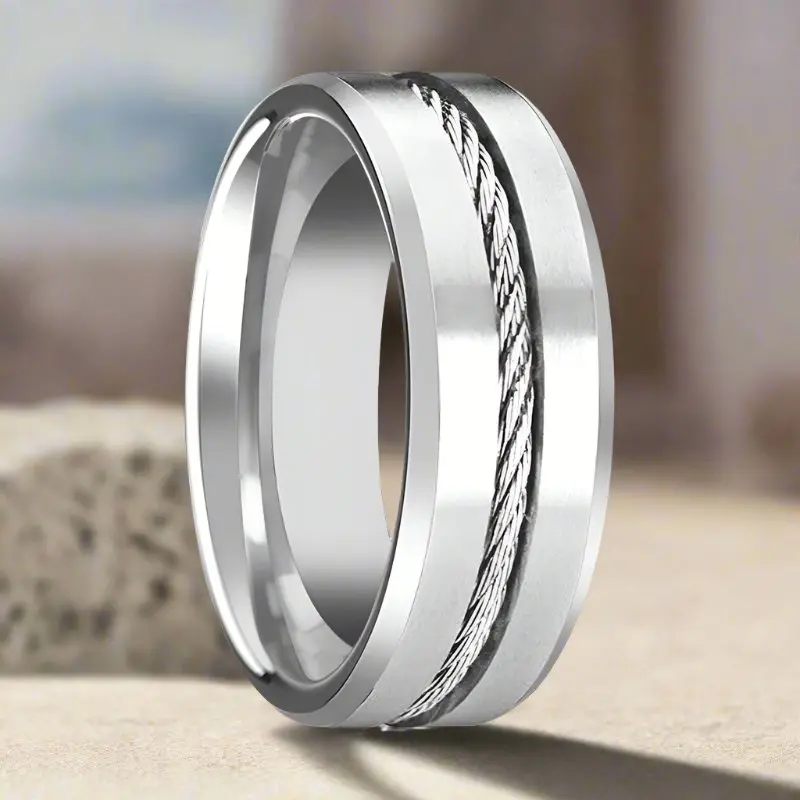 Lannister | Silver Tungsten Ring, Steel Wire Cable Inlay, Beveled 3