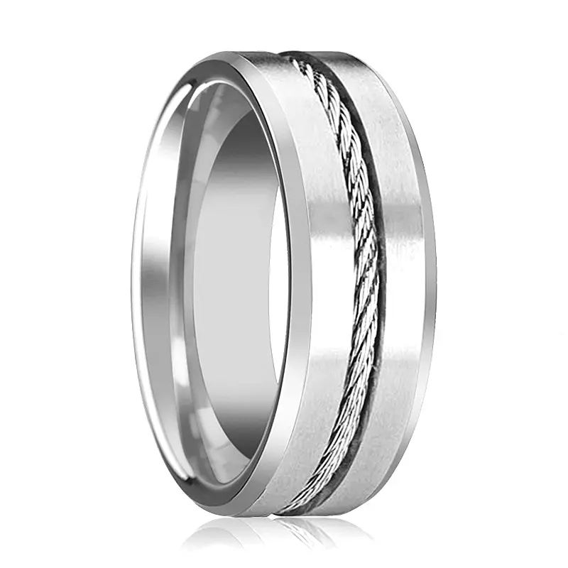 Lannister | Silver Tungsten Ring, Steel Wire Cable Inlay, Beveled 1