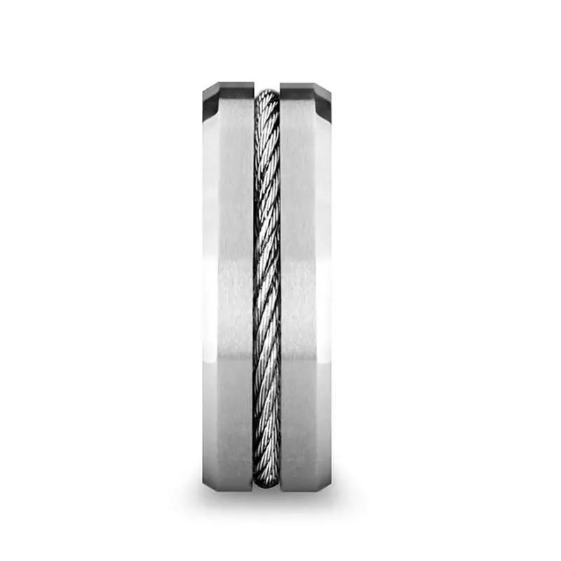 Lannister | Silver Tungsten Ring, Steel Wire Cable Inlay, Beveled 2
