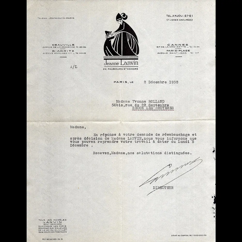 Jeanne Lanvin - Correspondance De La Maison De Couture 22 Faubourg Saint-Honoré (1938) 1
