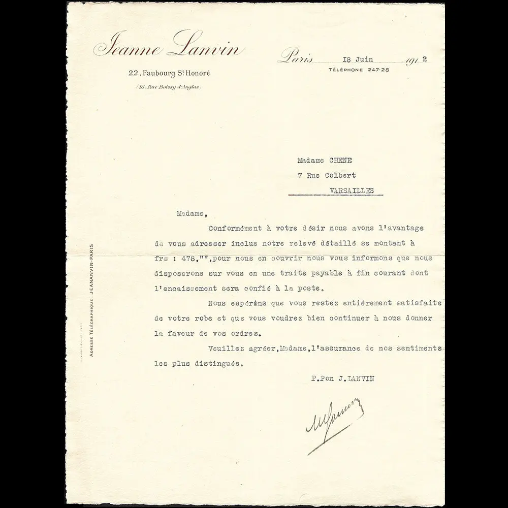 Lanvin - Lettre De La Maison Jeanne Lanvin, 22 Faubourg Saint-Honoré À Paris (1912) 1