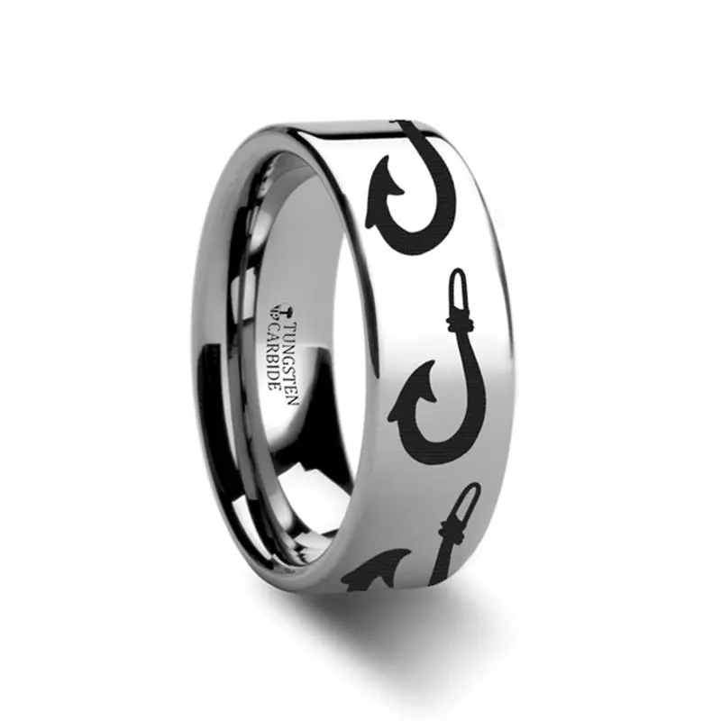 Large Polynesian Fishing Hook Laser Engraved Flat Tungsten Couple Matching Ring - 4Mm - 12Mm 1