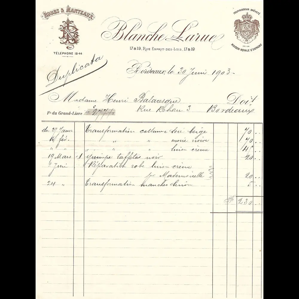 Blanche Larue - Facture De La Maison De Couture, 17 Rue Esprit Des Lois À Bordeaux (1903) 1