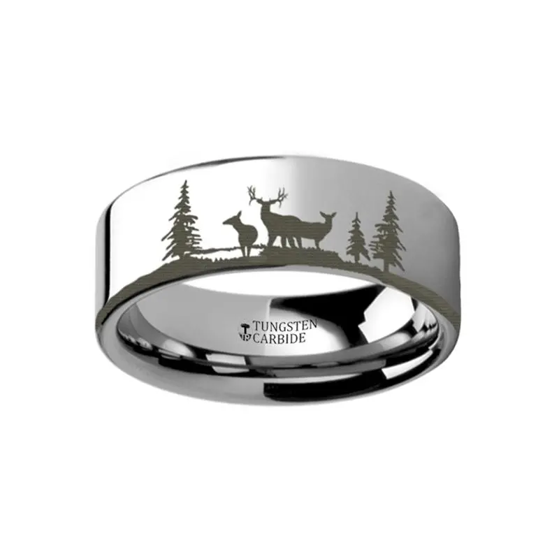Laser Engraved Deer Stag Mountain Range Flat Tungsten Couple Matching Ring - 4Mm - 12Mm 1