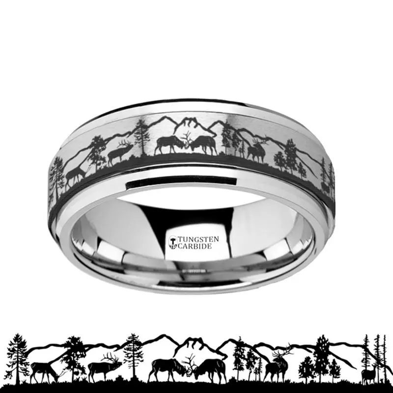 Laser Engraved Deer Stag Mountain Range Scene Tungsten Spinner Ring For Men With Bevels - 8Mm 1