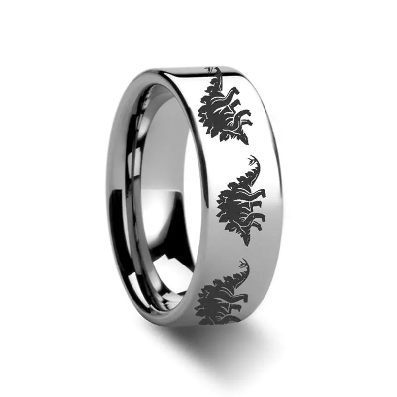 Laser Engraved Dinosaur Stegasaurus Print Flat Tungsten Outdoorsmen Ring - 4Mm - 12Mm 1