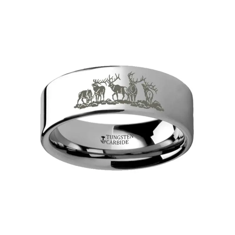 Laser Engraved Five Deer Stag Hunting Print Flat Tungsten Couple Matching Ring - 4Mm - 12Mm 1