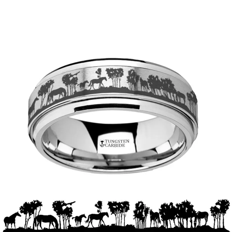 Laser Engraved Wild Horse Scene Men's Tungsten Carbide Spinner Ring With Bevels - 8Mm 1