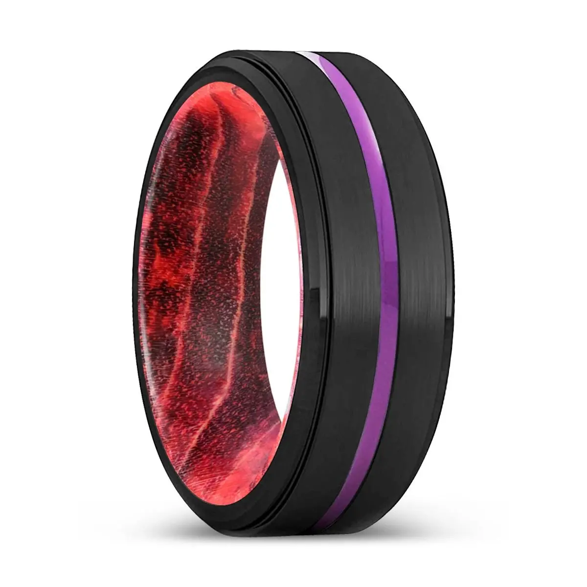 Launceston | Black & Red Wood, Black Tungsten Ring, Purple Groove, Stepped Edge 1