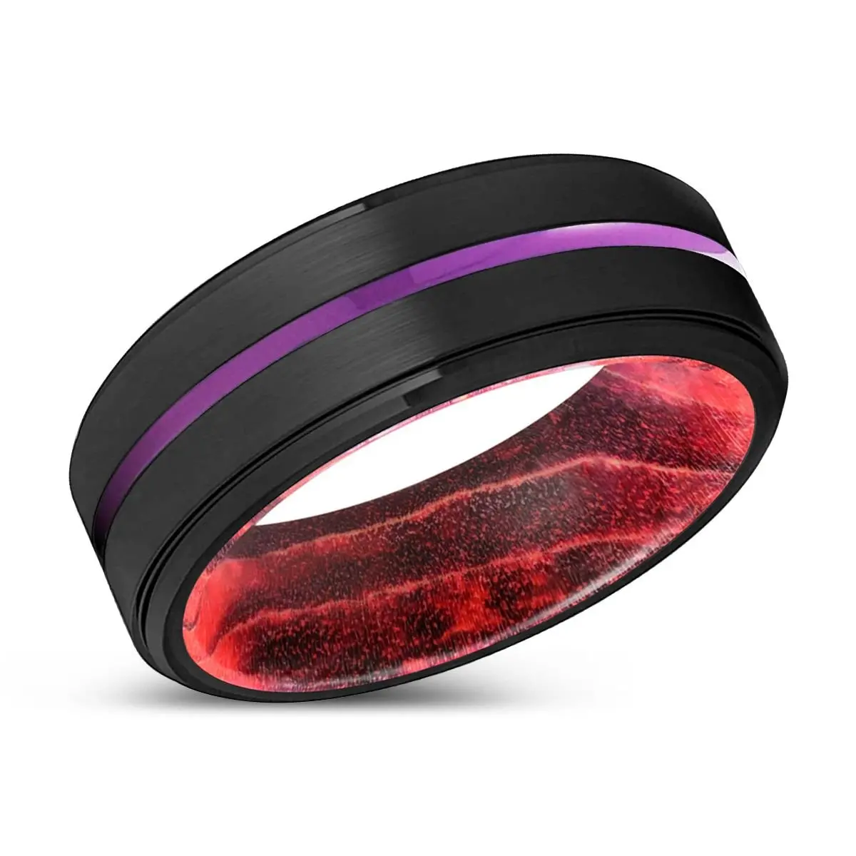 Launceston | Black & Red Wood, Black Tungsten Ring, Purple Groove, Stepped Edge 2