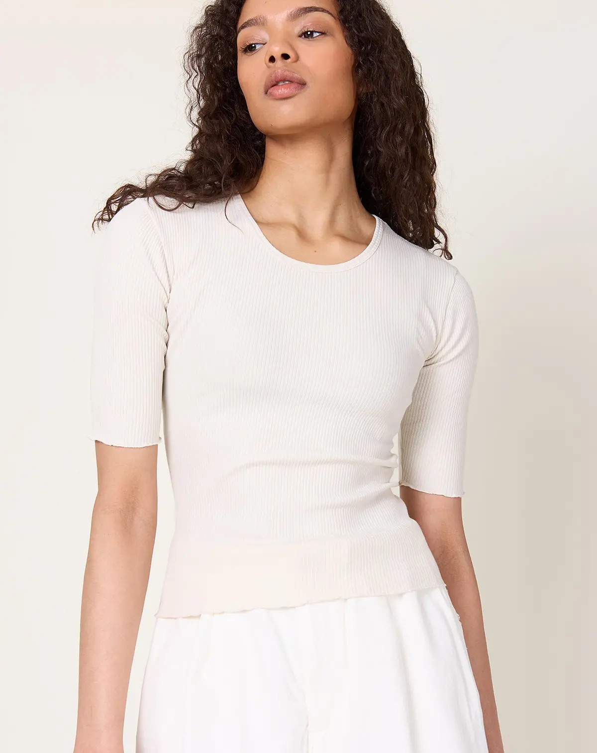 Ruffle Rib Tee In Greige 1