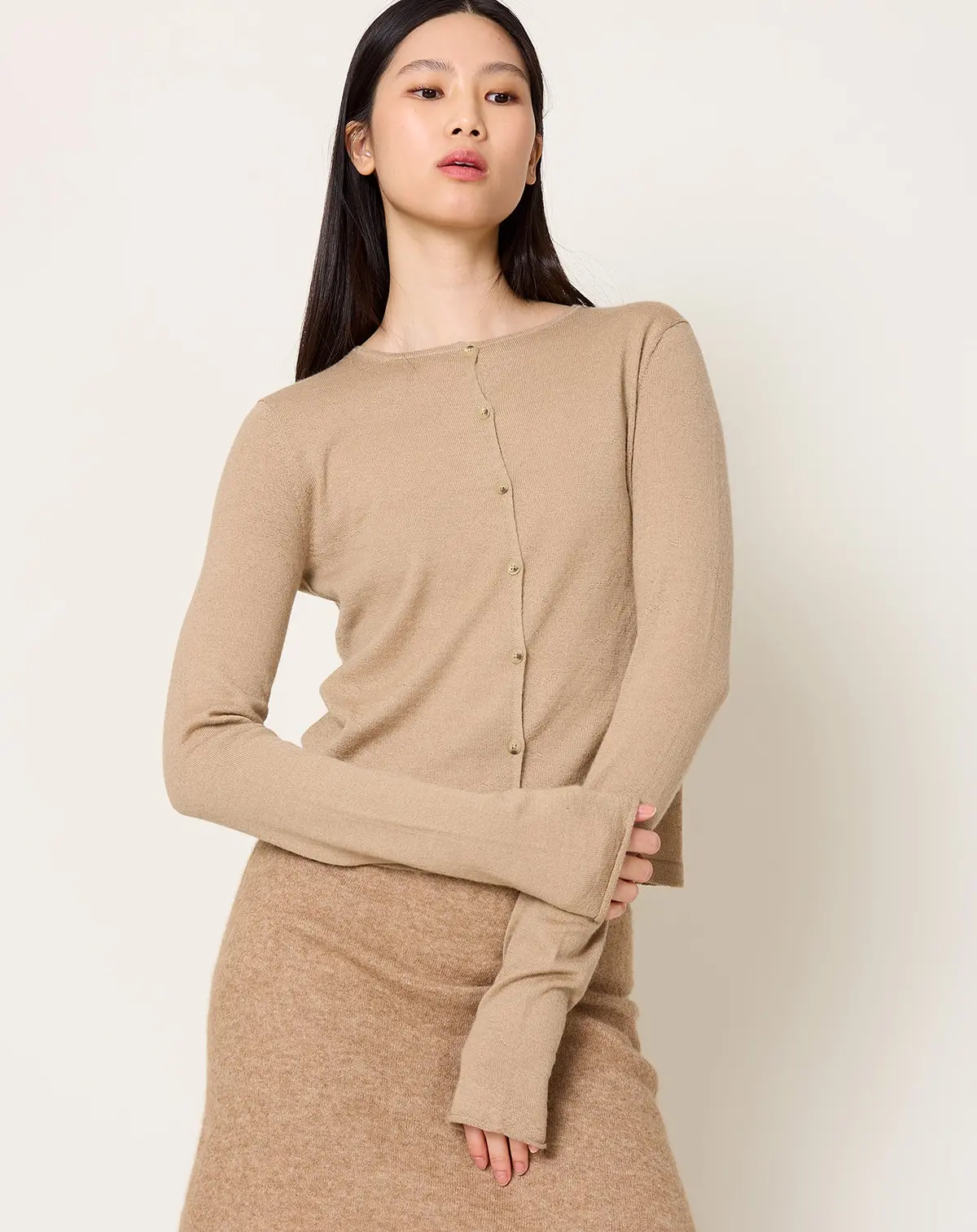 Super Fine Crewneck Cardigan In Camel 1