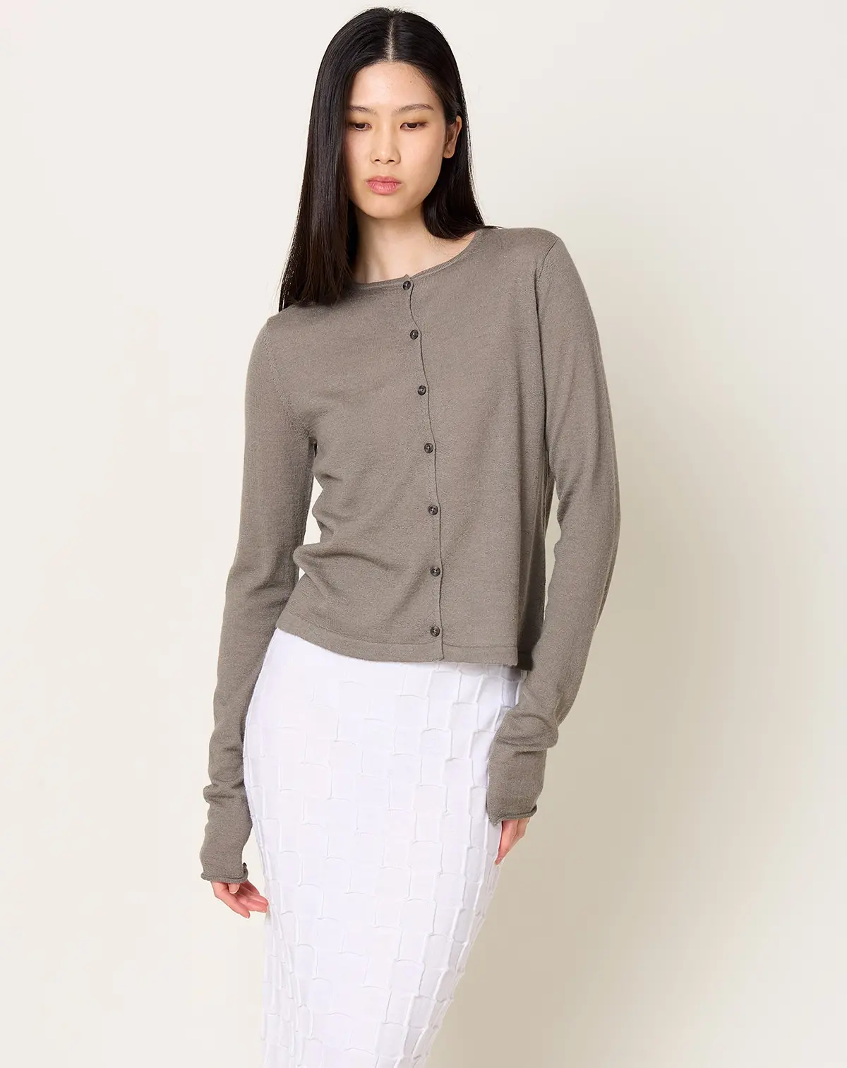 Super Fine Crewneck Cardigan In Concrete 1