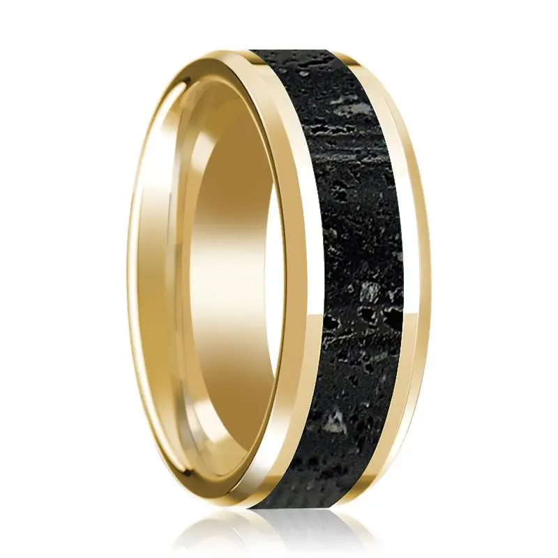 Lava Inlaid Men's 14K Yellow Gold Polished Wedding Band With Beveled Edges - 8Mm 1