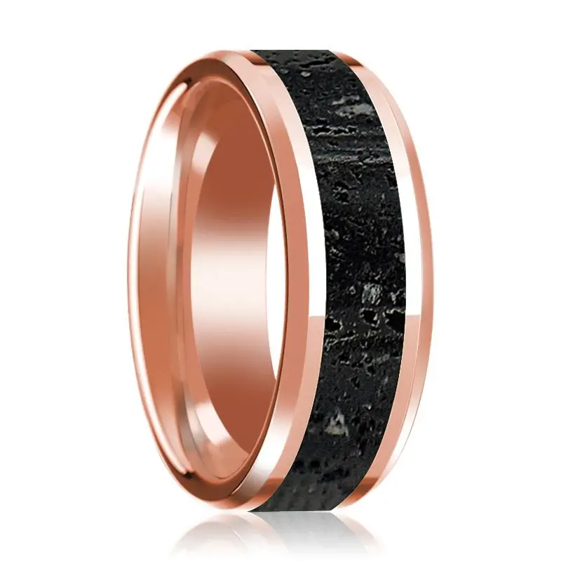Lava Rock Stone Inlaid 14K Rose Gold Polished Wedding Band For Men With Beveled Edges - 8Mm 1