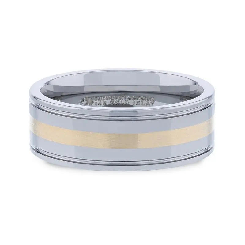 Lazio | Tungsten Polished Ring, 14K Gold Inlay, Grooved Edges 3
