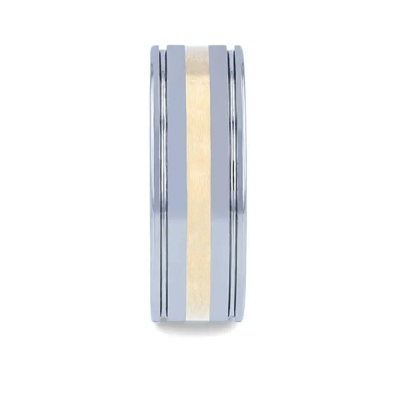 Lazio | Tungsten Polished Ring, 14K Gold Inlay, Grooved Edges 4