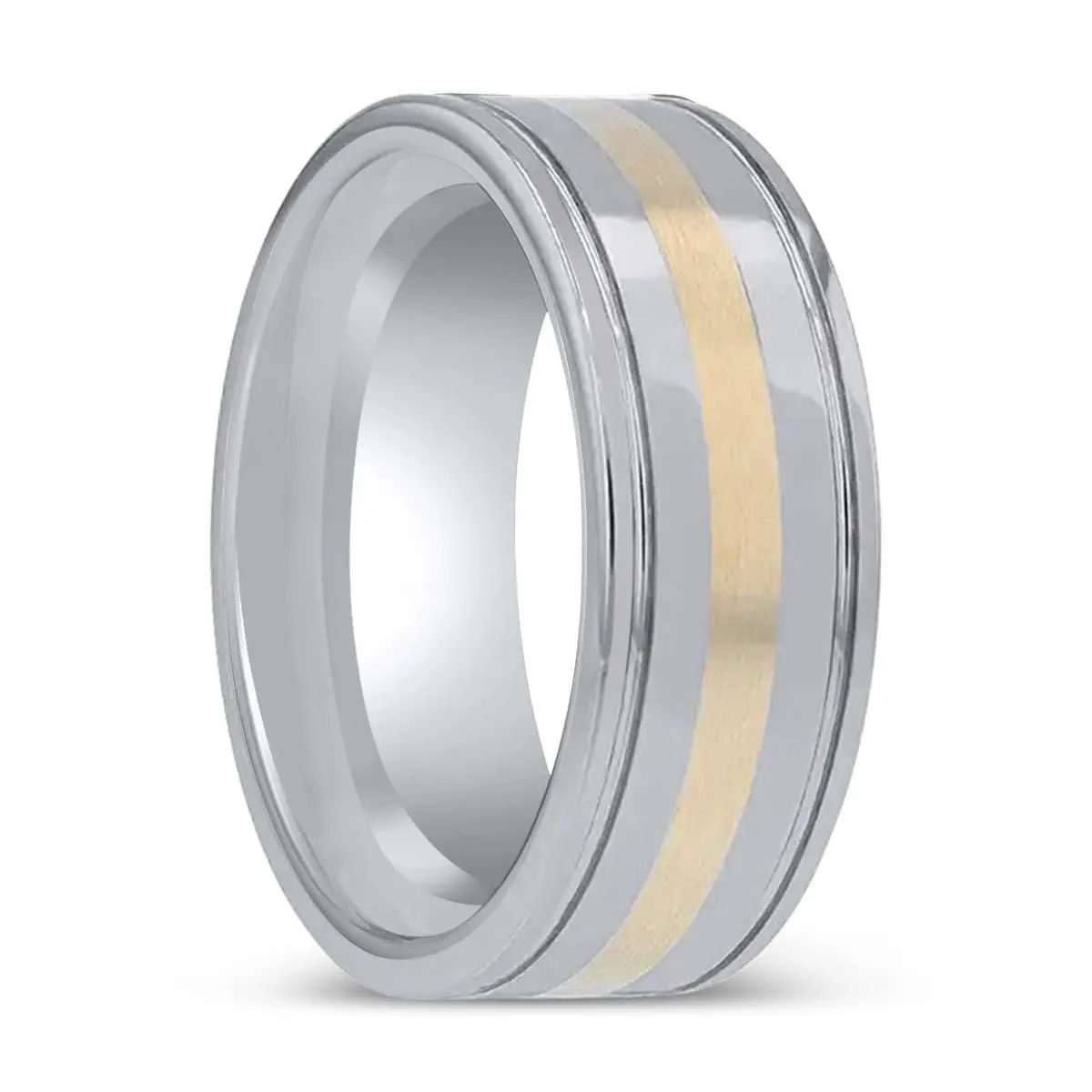 Lazio | Tungsten Polished Ring, 14K Gold Inlay, Grooved Edges 1