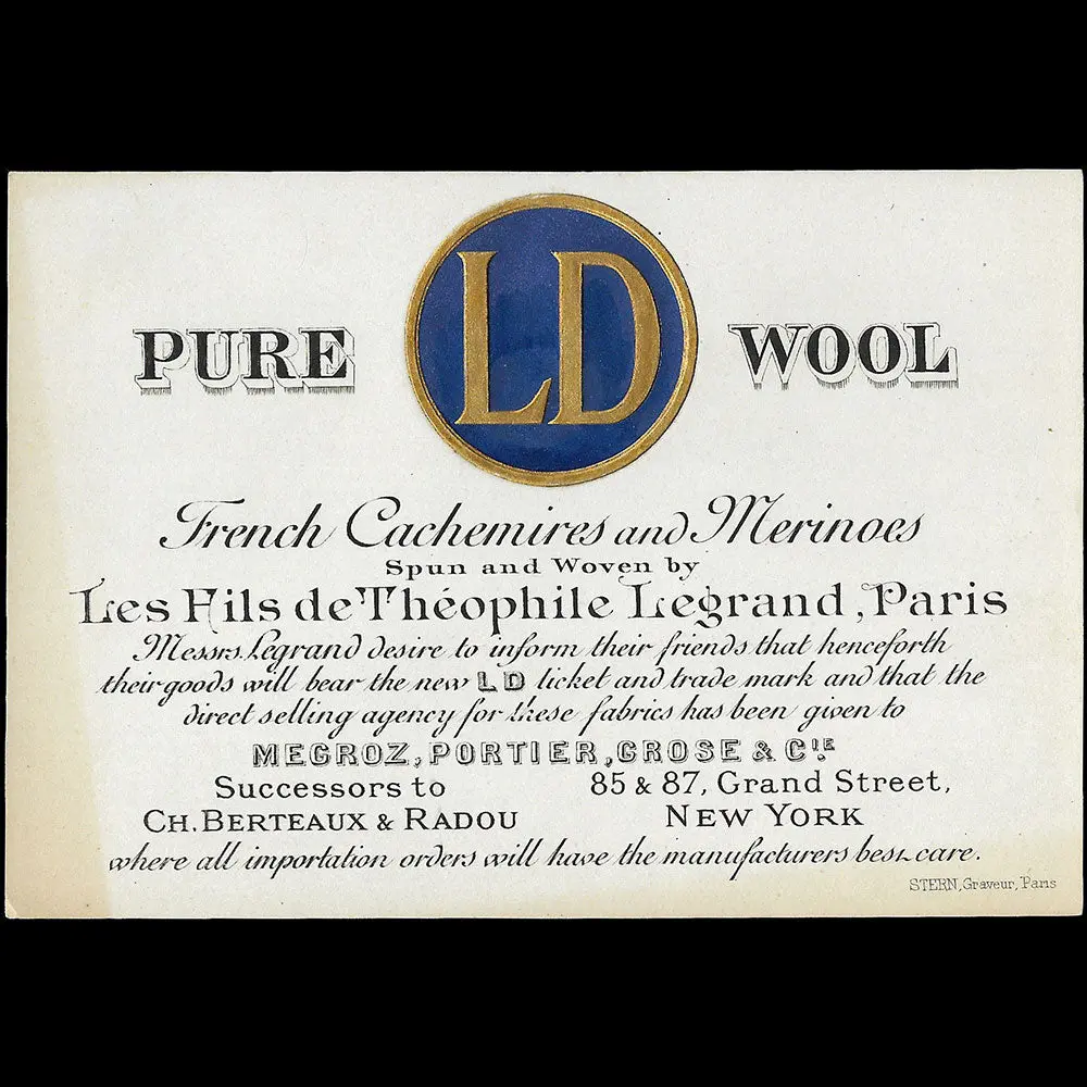 Les Fils De Théophile Legrand - Carte Annonçant Le Label Ld Pure Wool (Circa 1890-1900S) 1