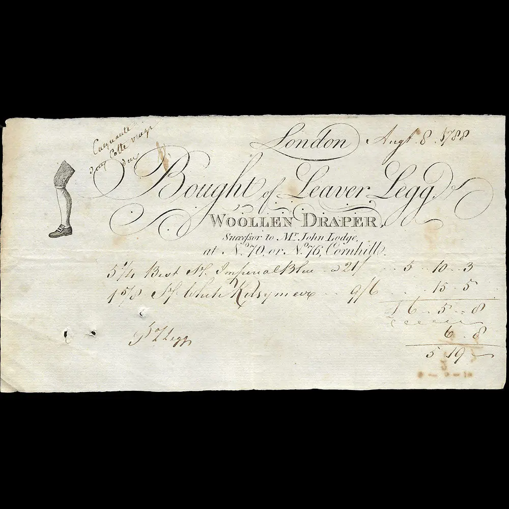 Leaver Legg, Woollen Drapper- Facture Du Drapier, 70, 76 Cornhill À Londres (1788) 1