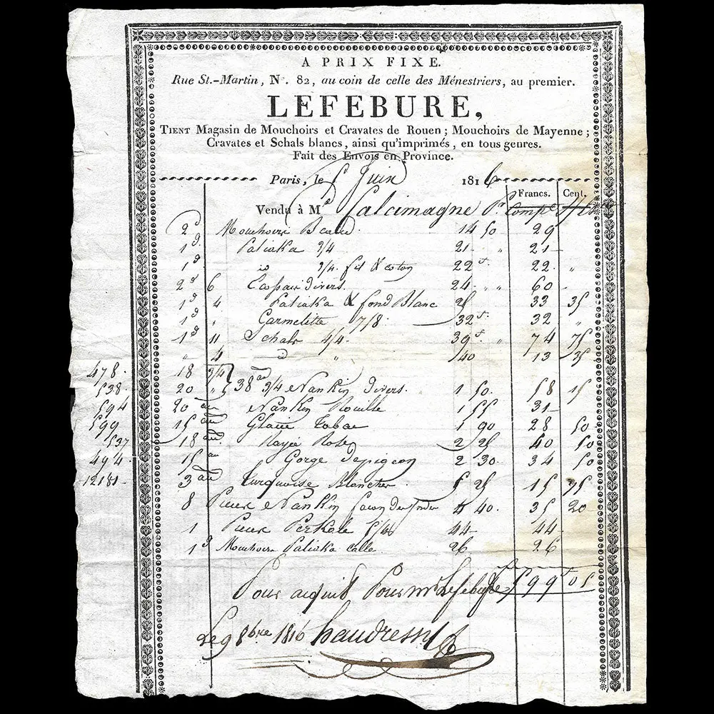 Lefebure - Facture Du Magasin De Mouchoirs Et Cravates, 82 Rue Saint-Martin À Paris (1814) 1