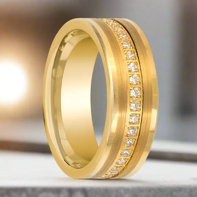 Legend | Gold Tungsten Ring, Diamond Stimulant Cz Eternity, Flat 1