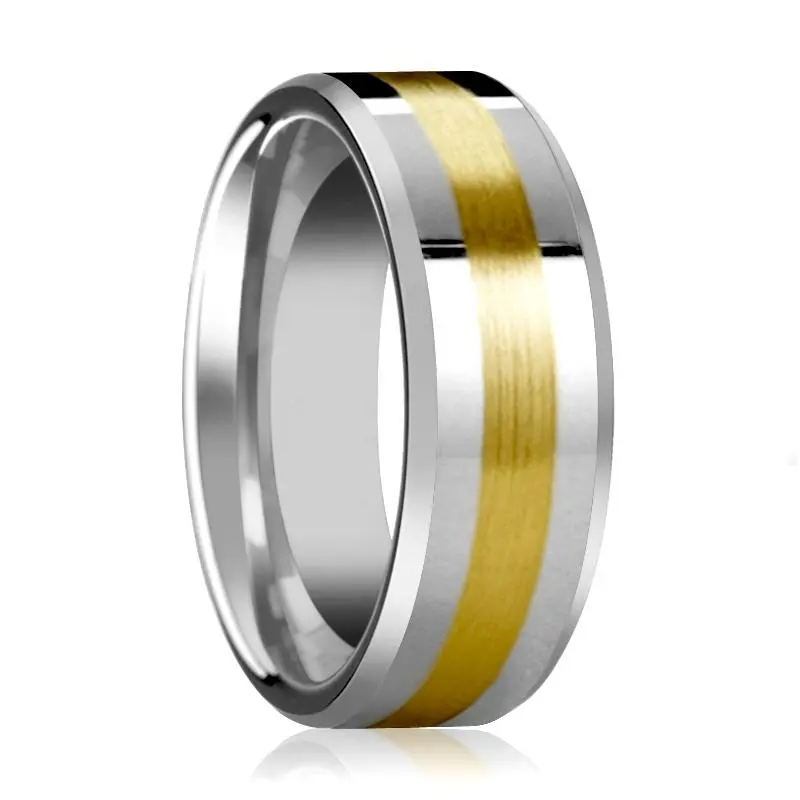 Legionaire | Silver Tungsten Ring, 14K Yellow Gold Stripe Inlay, Beveled 1