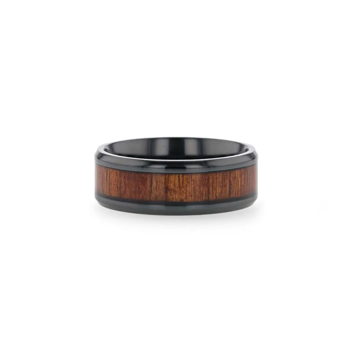 Leifi | Black Titanium Ring, Koa Wood Inlay, Beveled 3