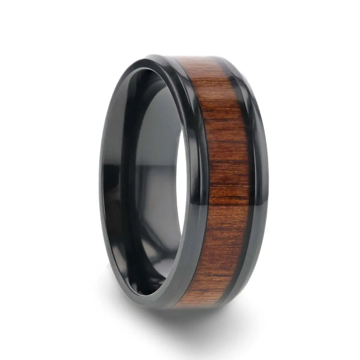 Leifi | Black Titanium Ring, Koa Wood Inlay, Beveled 2