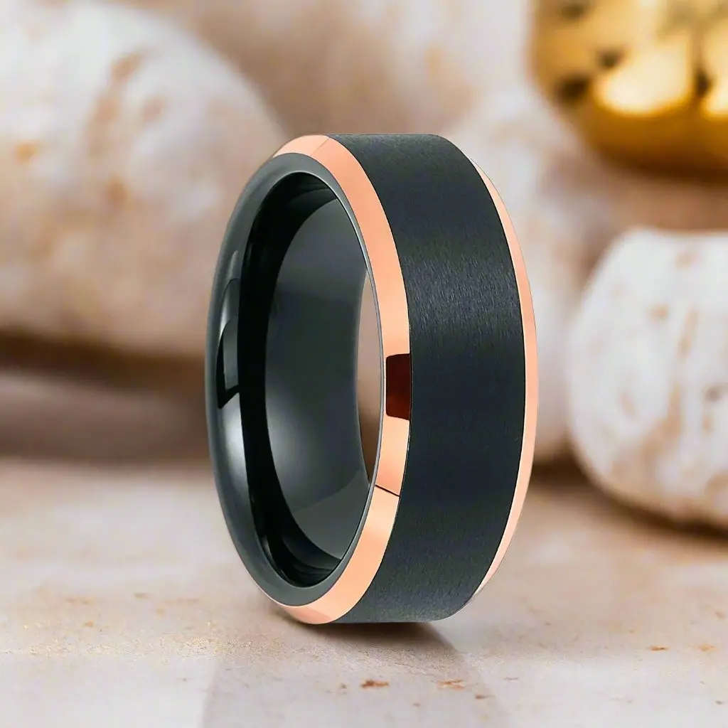 Leonard | Black Tungsten Ring, Brushed, Rose Gold Beveled 1