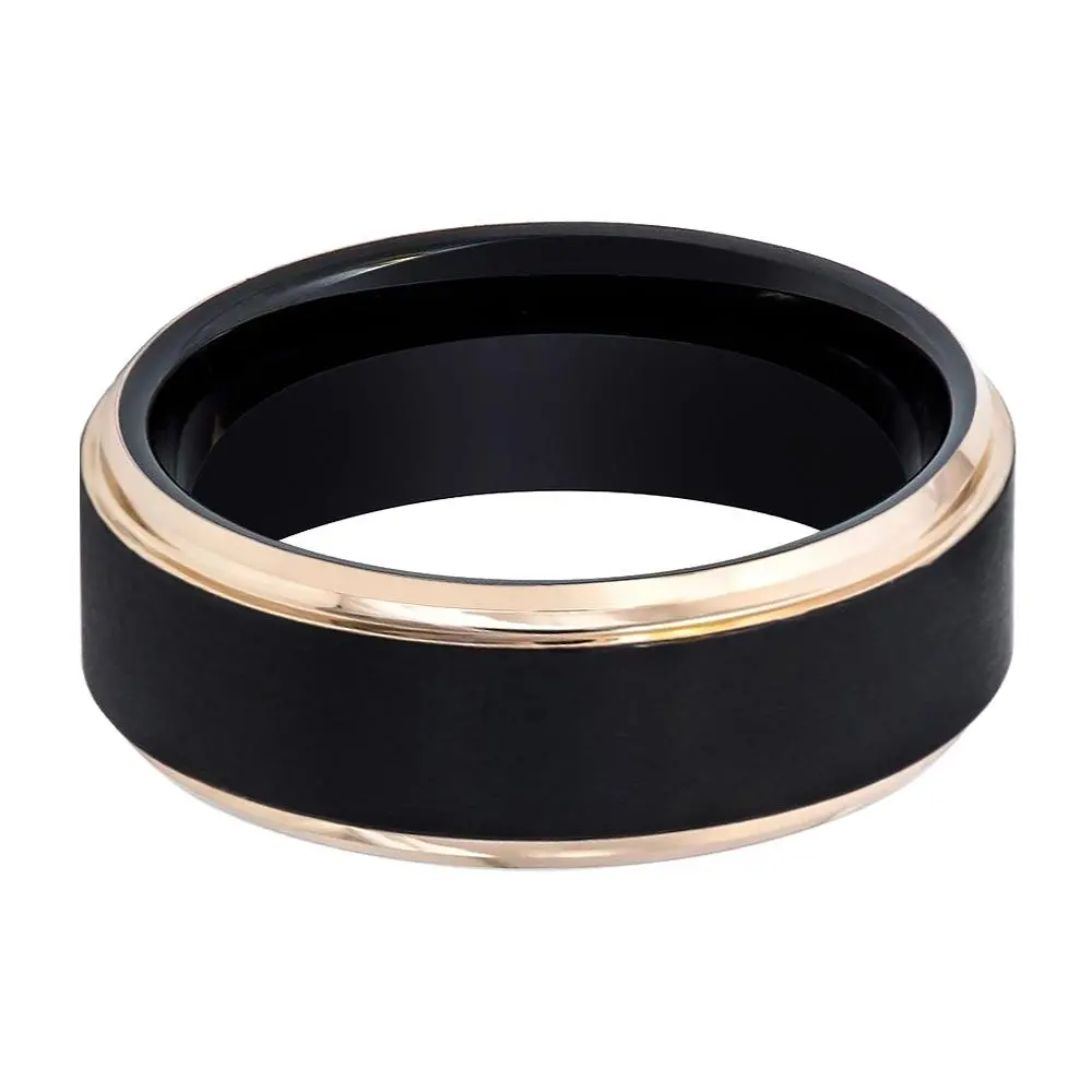 Leonardo | Black Tungsten Ring, Brushed, Rose Gold Stepped Edge 2