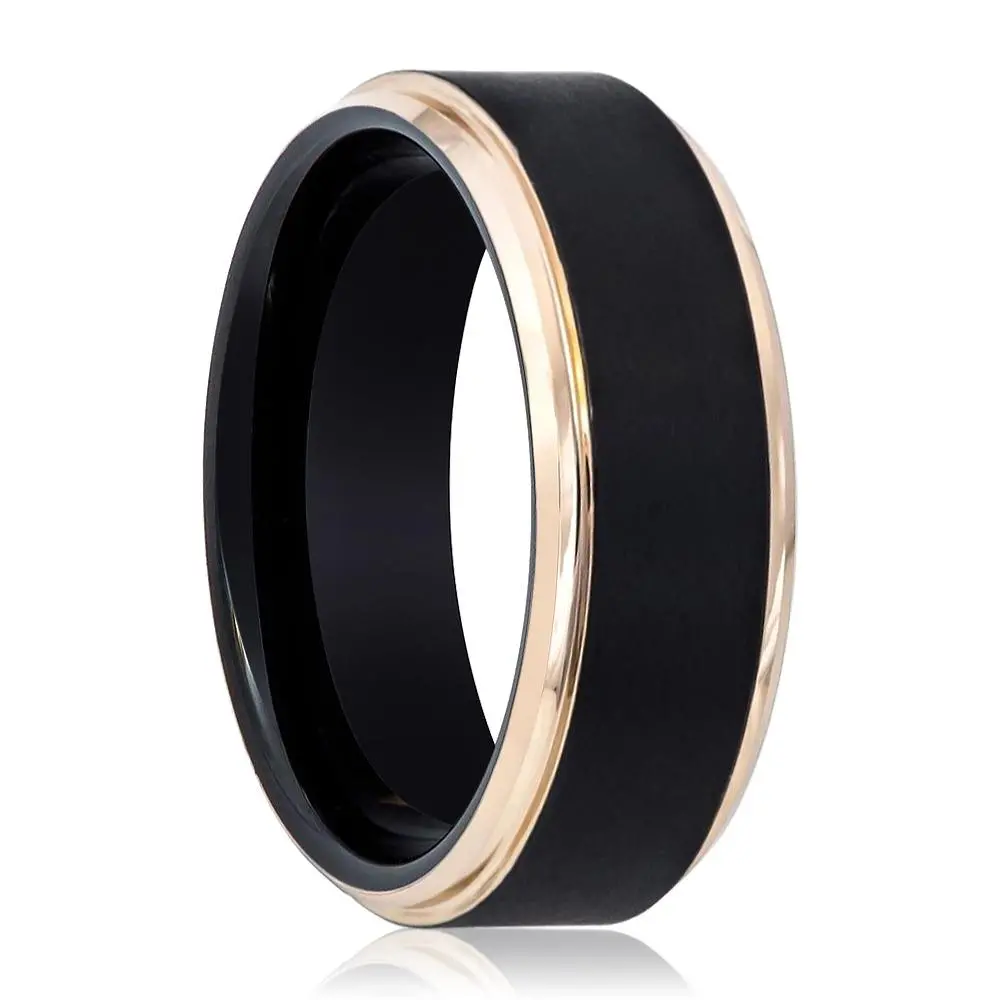 Leonardo | Black Tungsten Ring, Brushed, Rose Gold Stepped Edge 1