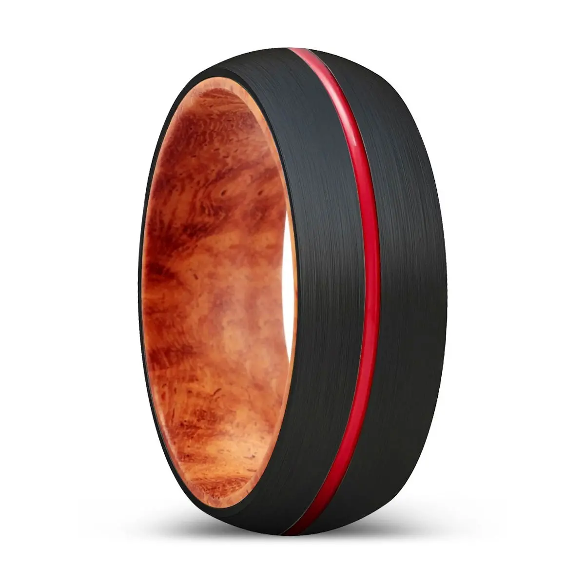 Leopard | Red Burl Wood, Black Tungsten Ring, Red Groove, Domed 1